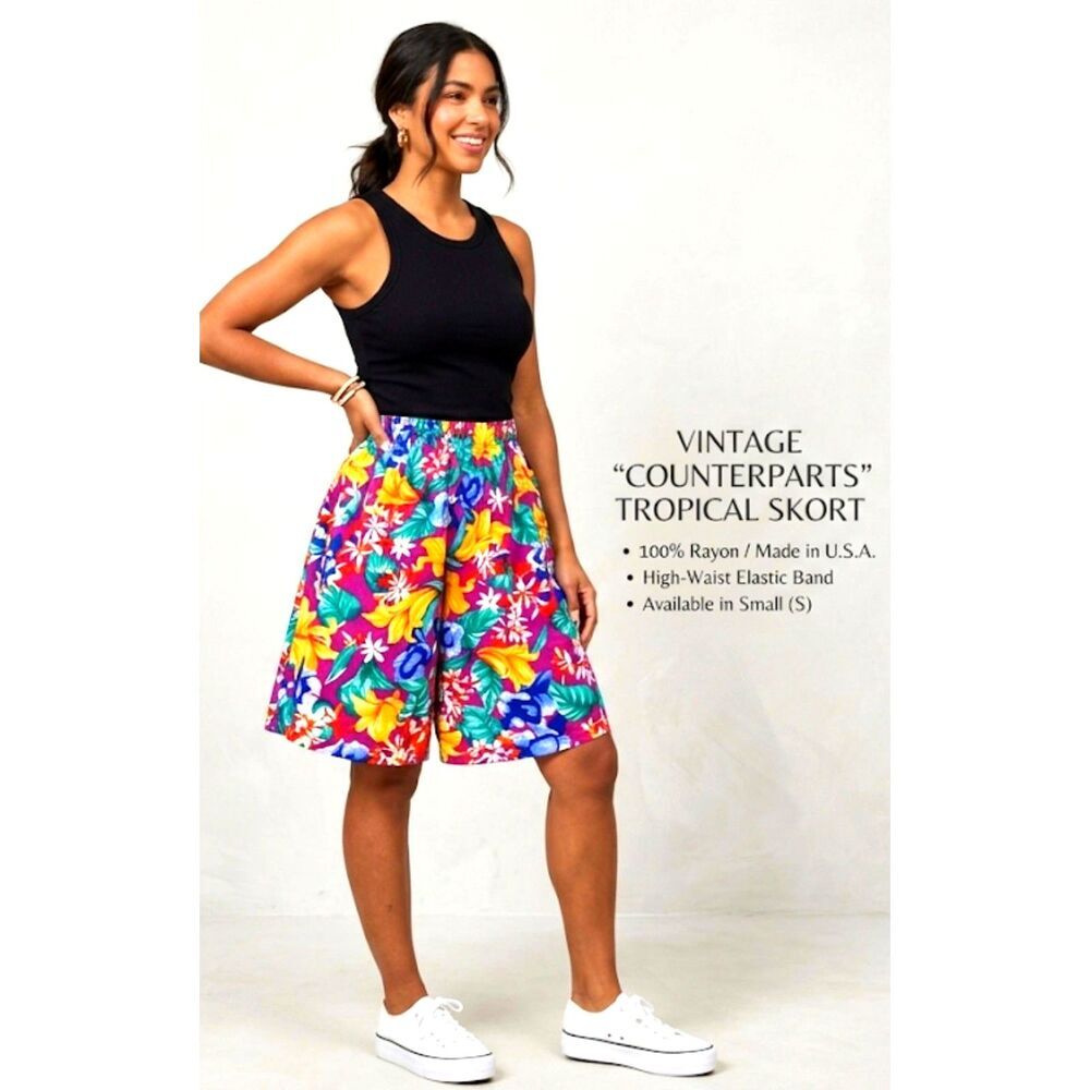 Vintage Counterparts Floral Skort Small High Waist Rayon Made USA 90s Tropical